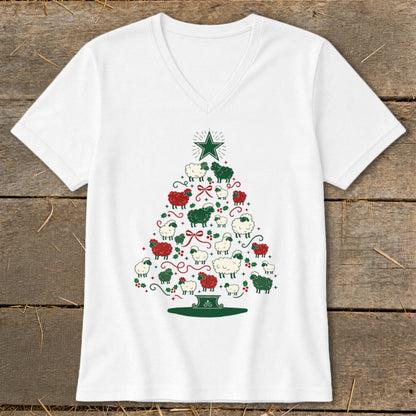 White t-shirt with a Christmas tree made of red and green sheep with a star on top.