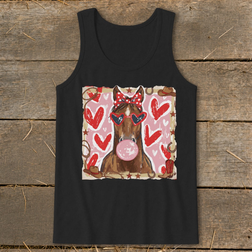 Black tank top featuring a horse with heart sunglasses and a bow, blowing pink bubblegum.