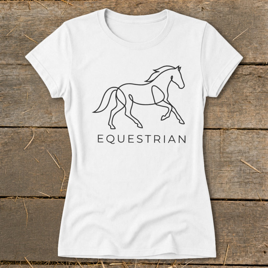 White t-shirt with black line art horse and "Equestrian" text.