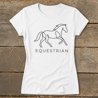 White t-shirt with black line art horse and "Equestrian" text.