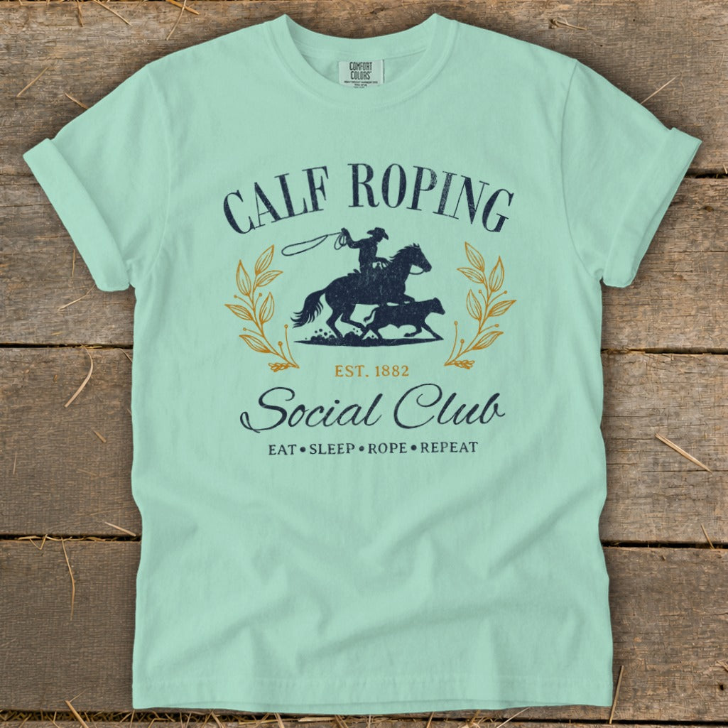 Calf Roping Social Club t-shirt with rodeo graphic and text.