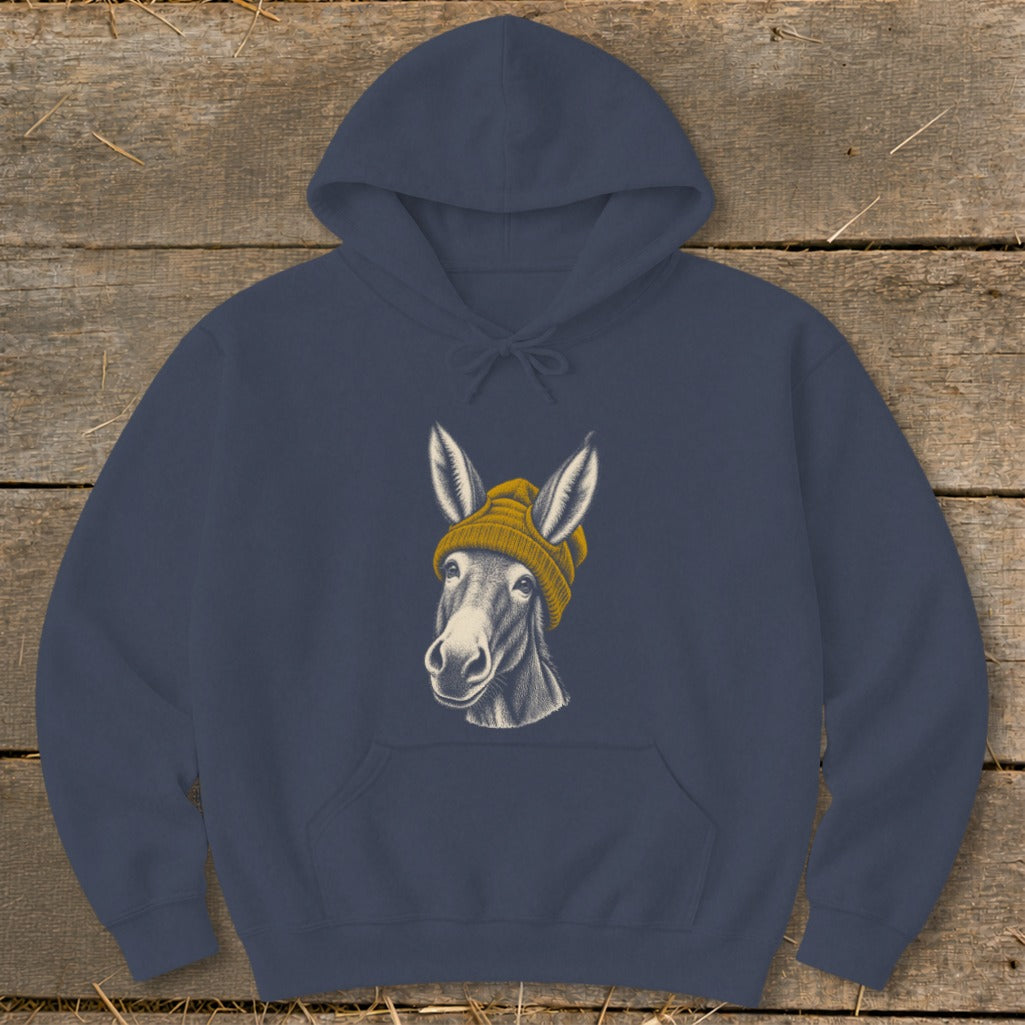 Dark blue hoodie with a sketch of a donkey wearing a yellow beanie.
