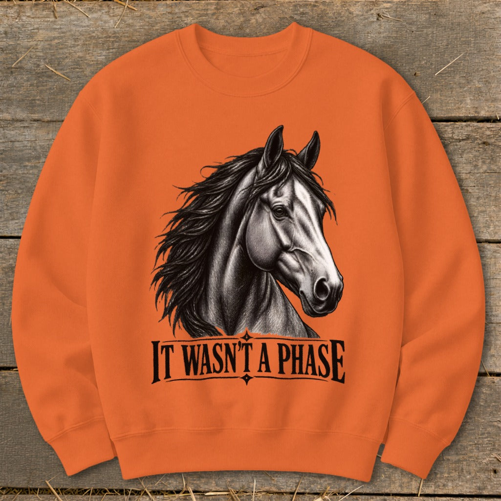 Orange sweatshirt with a black and white drawing of a horse and text.