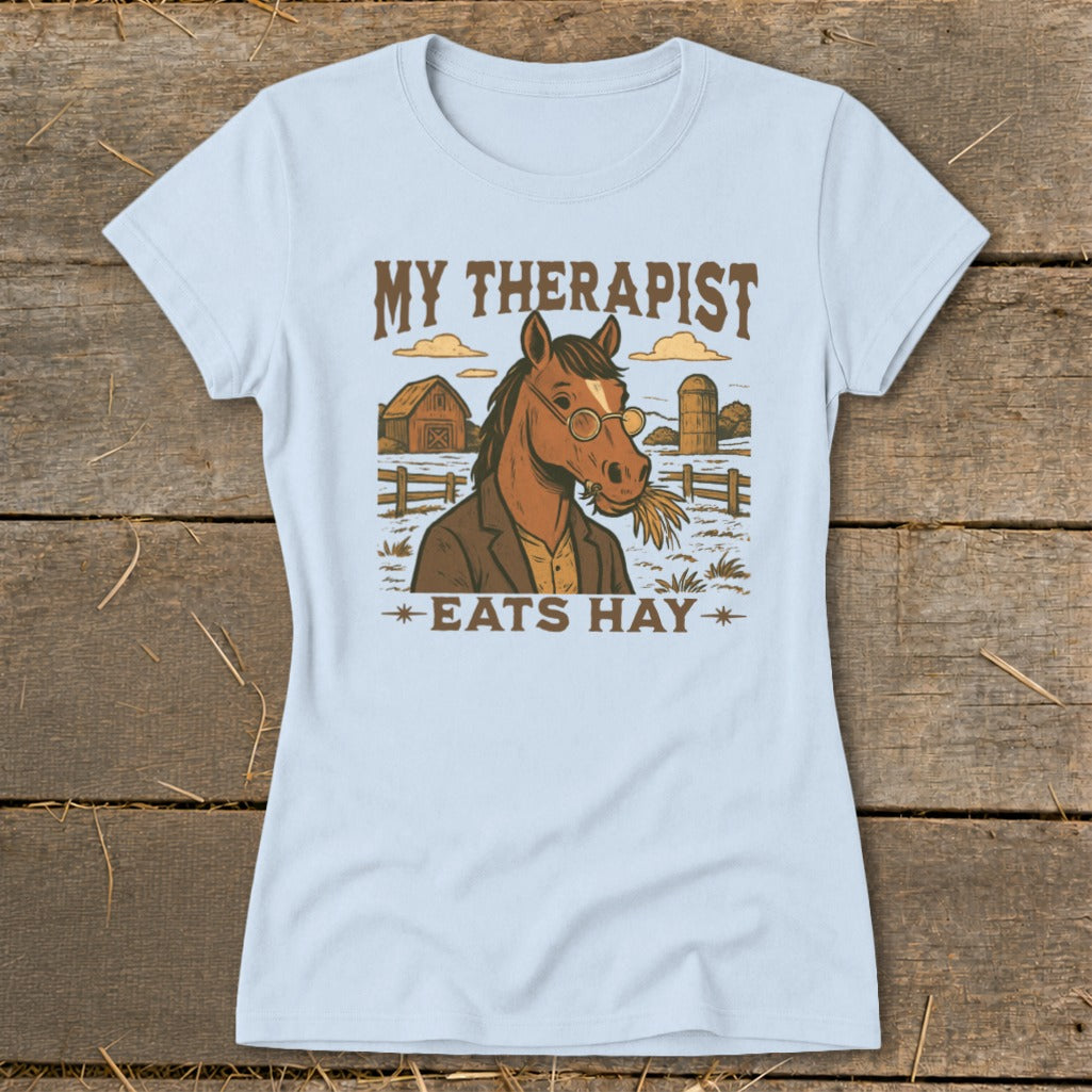 Horse wearing glasses and suit eating hay with text "My Therapist Eats Hay".