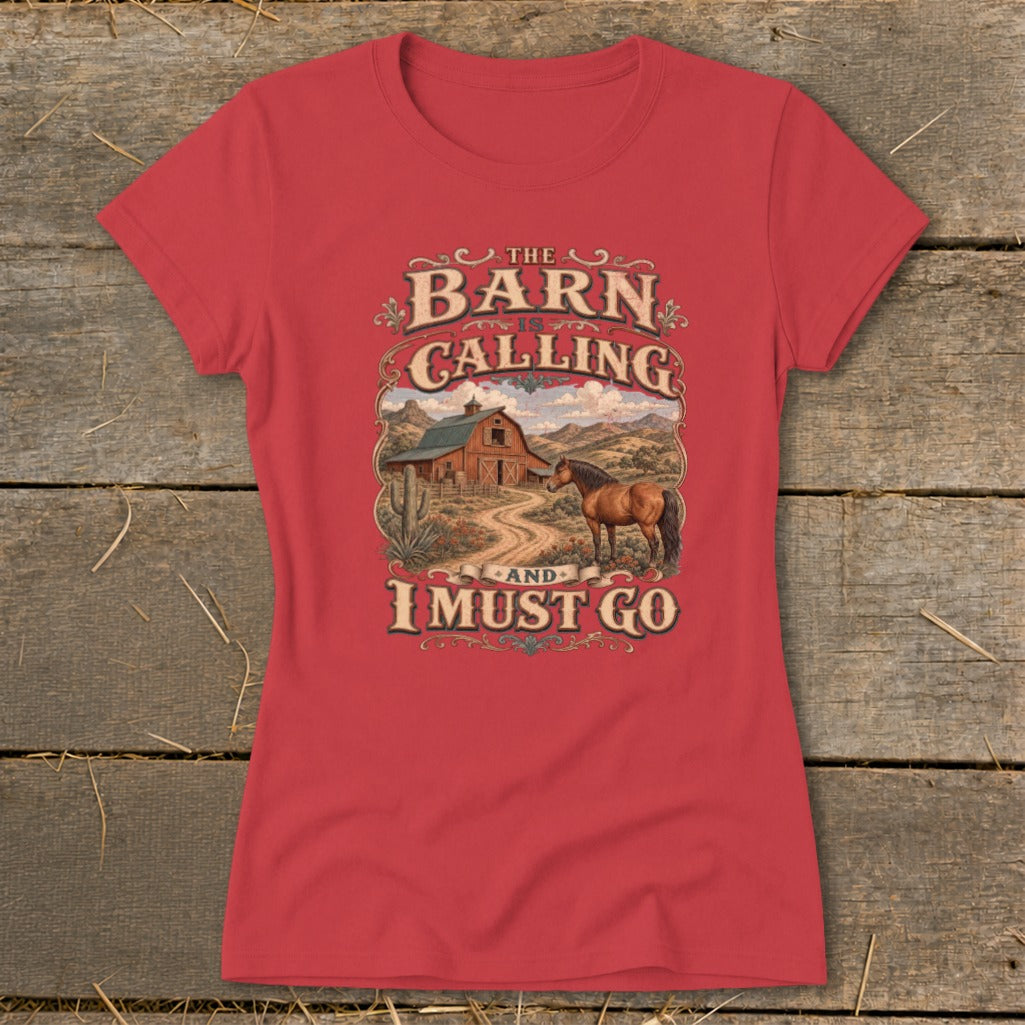 Red t-shirt with "The Barn Is Calling And I Must Go" text and barn scene.