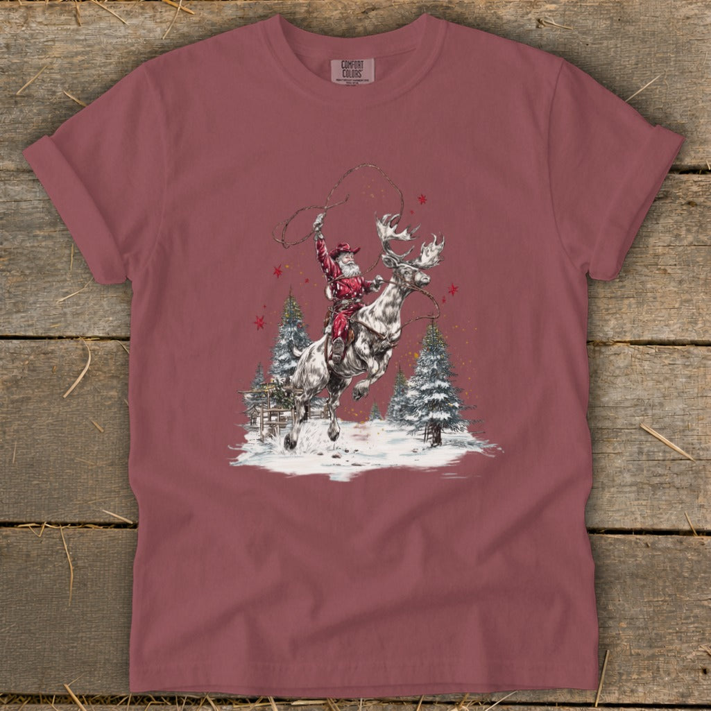 Santa riding a reindeer with lasso in snowy forest scene.