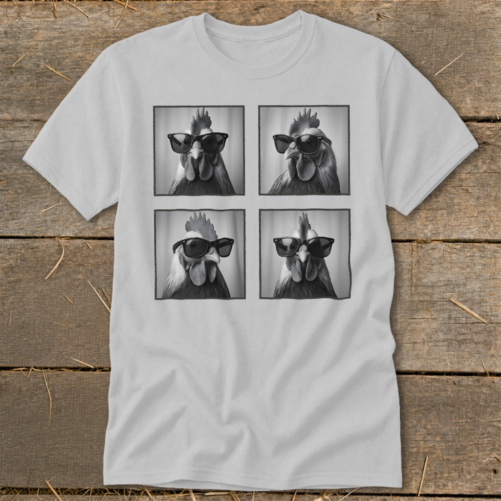 Four black and white portraits of roosters wearing sunglasses arranged in a grid.