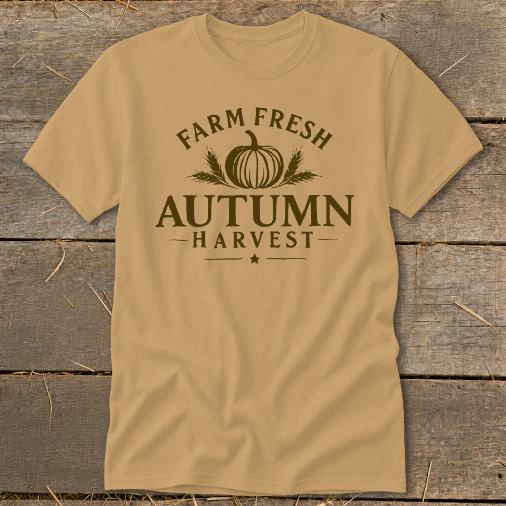 Tan t-shirt with "Farm Fresh Autumn Harvest" graphic and pumpkin.