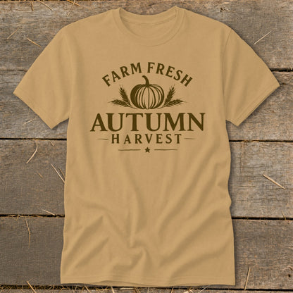 Tan t-shirt with "Farm Fresh Autumn Harvest" graphic and pumpkin.