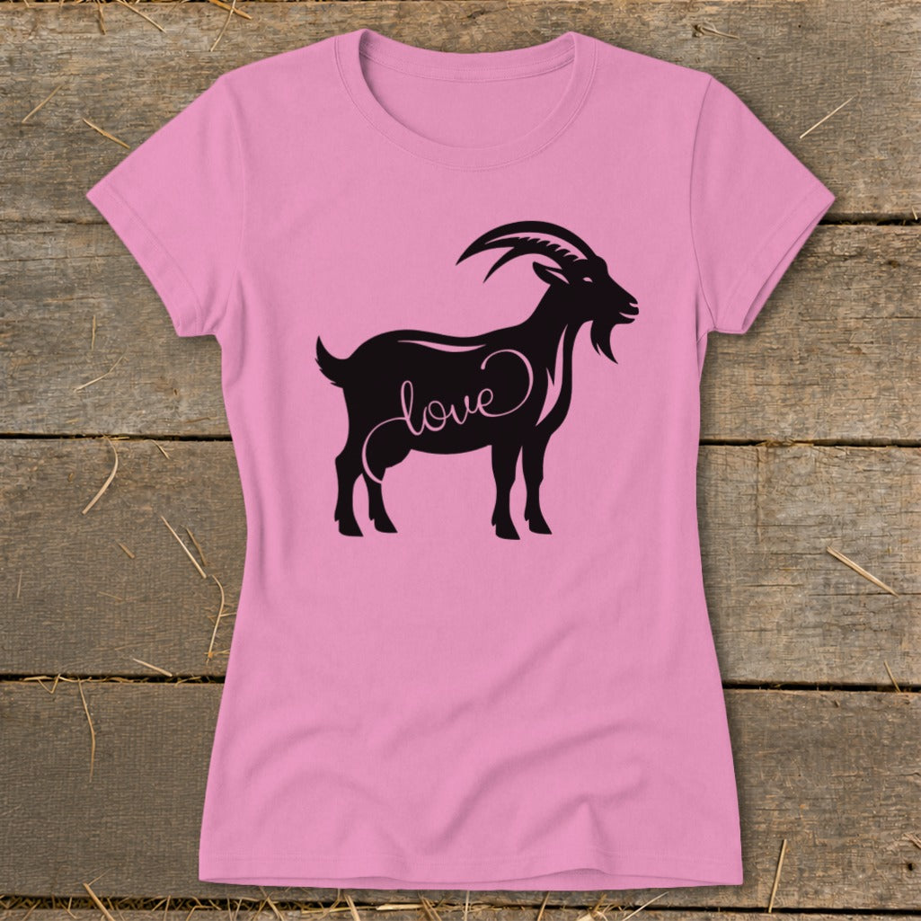 Pink t-shirt with black goat silhouette and "love" text.