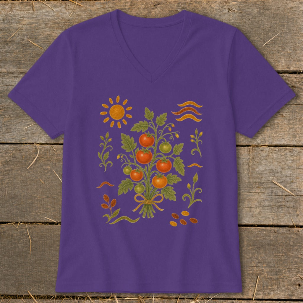 Purple v-neck t-shirt with a tomato plant illustration and a sun.