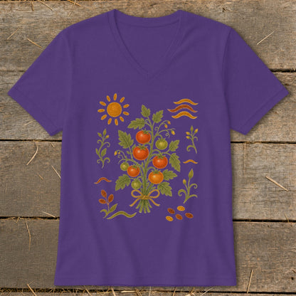 Purple v-neck t-shirt with a tomato plant illustration and a sun.