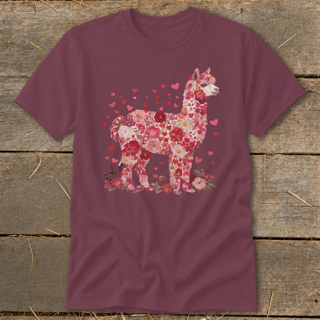 Maroon t-shirt with a floral and heart-shaped alpaca graphic.