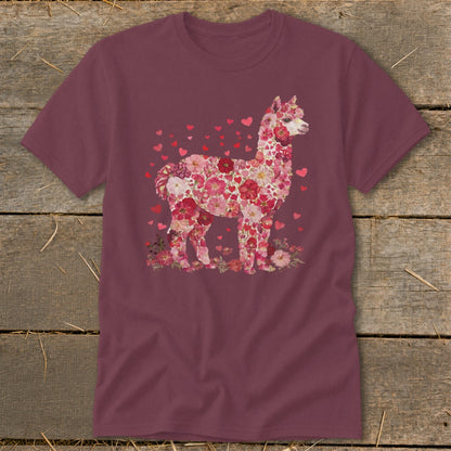 Maroon t-shirt with a floral and heart-shaped alpaca graphic.