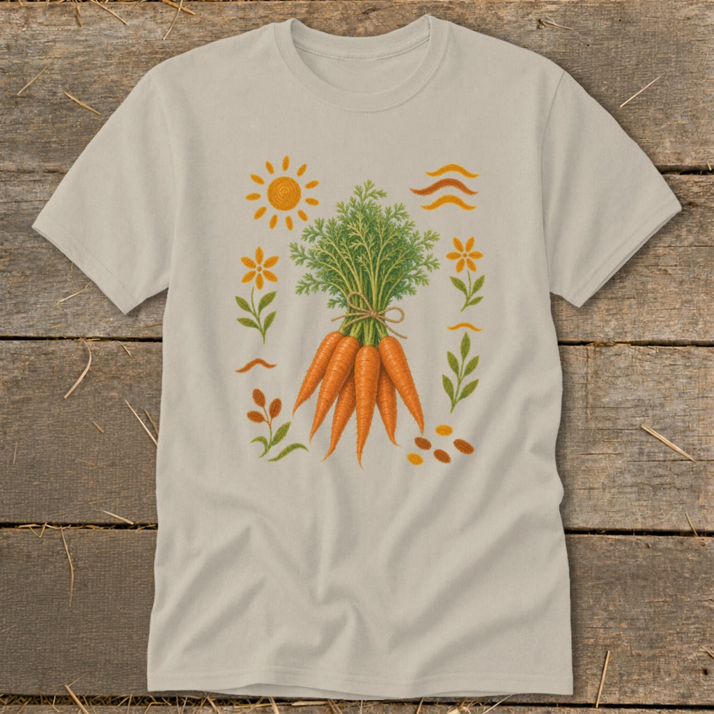 T-shirt with a bouquet of carrots, sun, flowers, and wavy lines design.