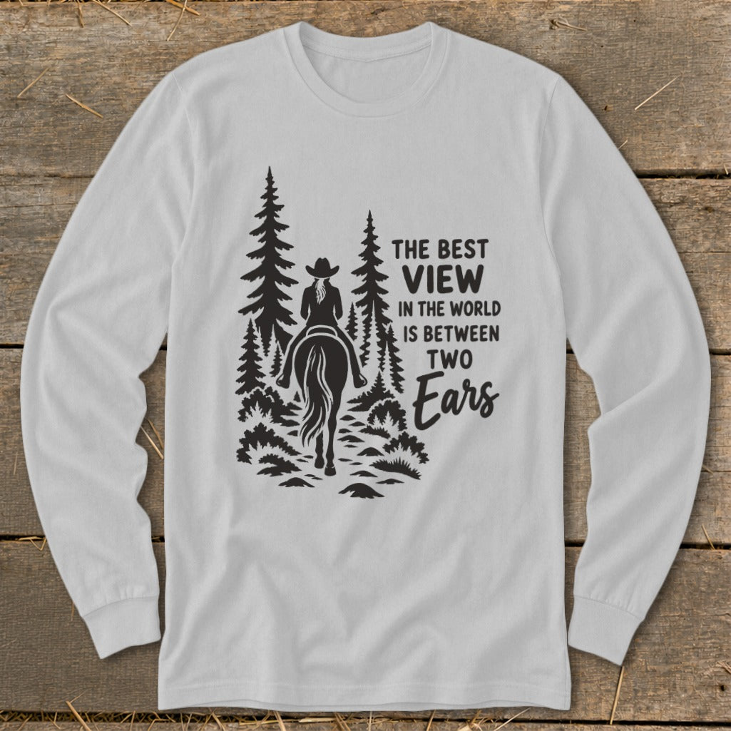 Light gray long-sleeve t-shirt with a black graphic of a horseback rider and pine trees.