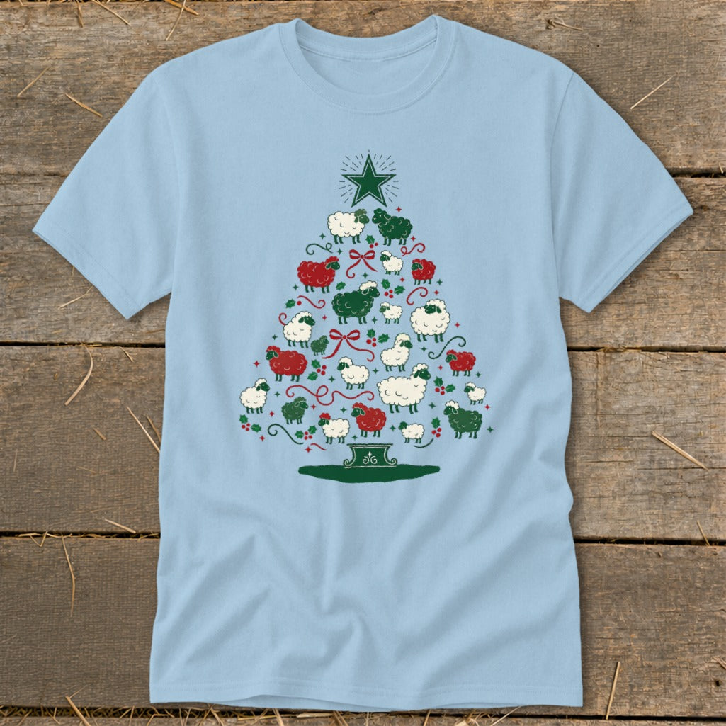Light blue t-shirt with Christmas tree made of red, green, and white sheep.