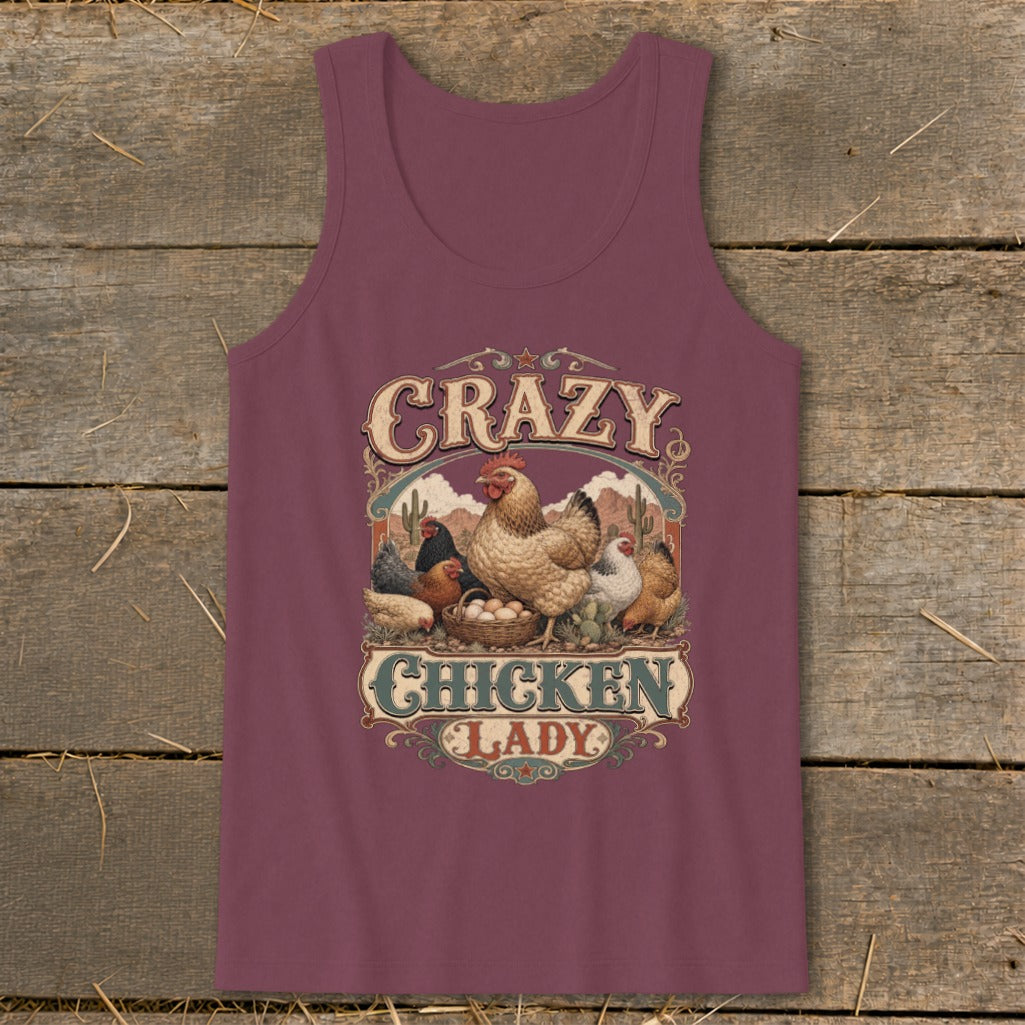 Tank top with "Crazy Chicken Lady" graphic featuring chickens and eggs.