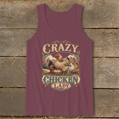 Tank top with "Crazy Chicken Lady" graphic featuring chickens and eggs.