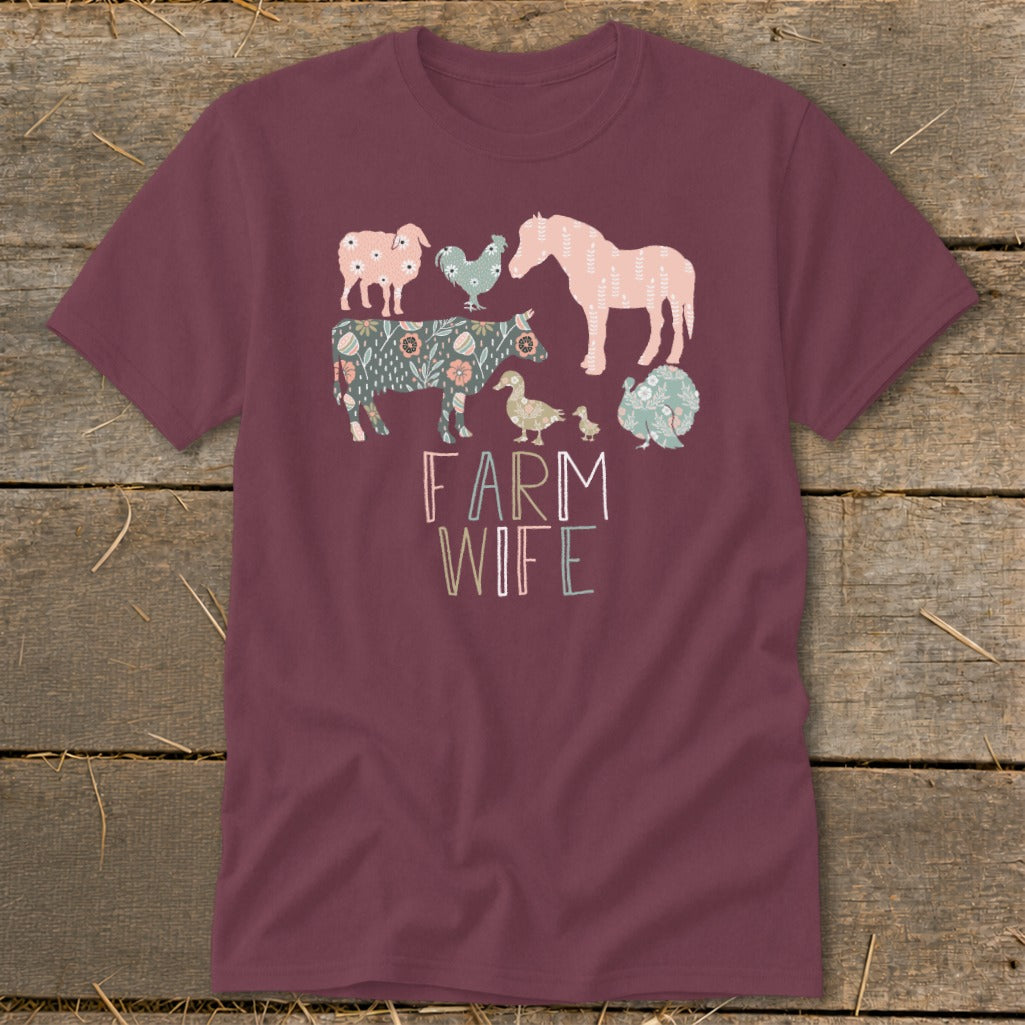 Maroon t-shirt with a "FARM WIFE" text and a pattern of farm animals.
