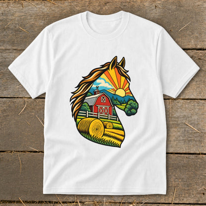 A white crewneck t-shirt featuring a colorful graphic of a horse head filled with a farm landscape.