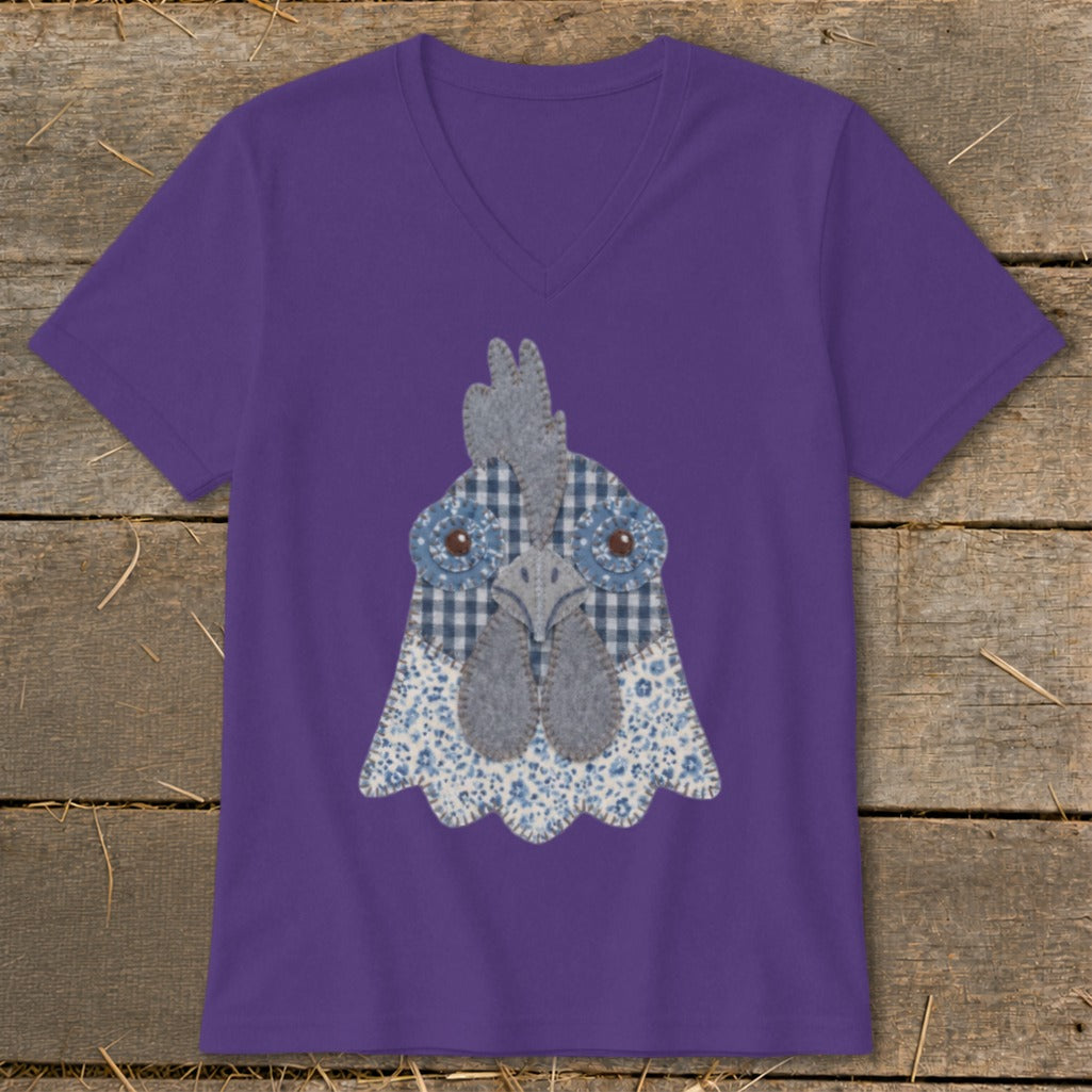 Purple v-neck t-shirt with a fabric applique chicken face design.