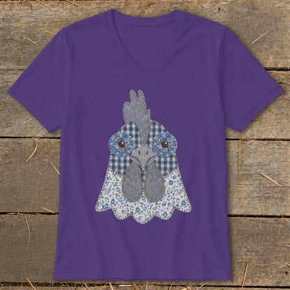 Purple v-neck t-shirt with a fabric applique chicken face design.