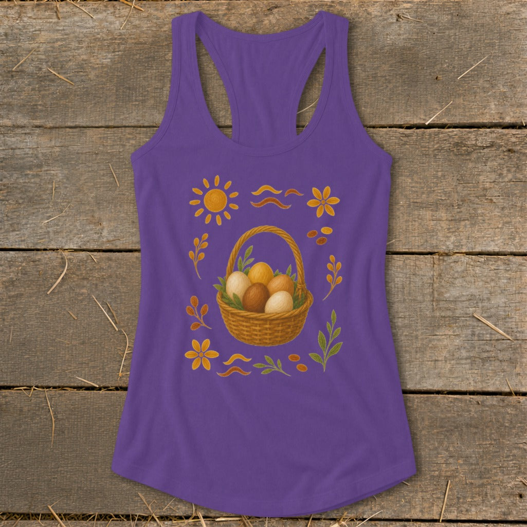 Purple tank top with an Easter basket and floral design.