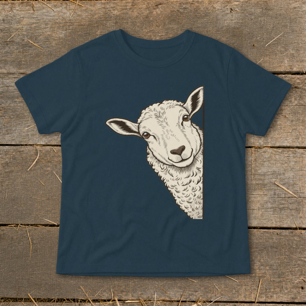 Dark blue t-shirt with a sheep peeking from the right side of the chest.