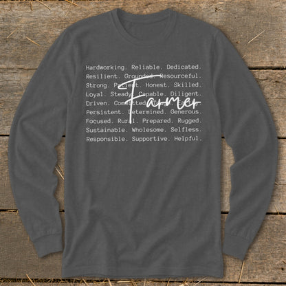 Dark gray long-sleeve shirt with a list of farmer qualities and the word "Farmer".