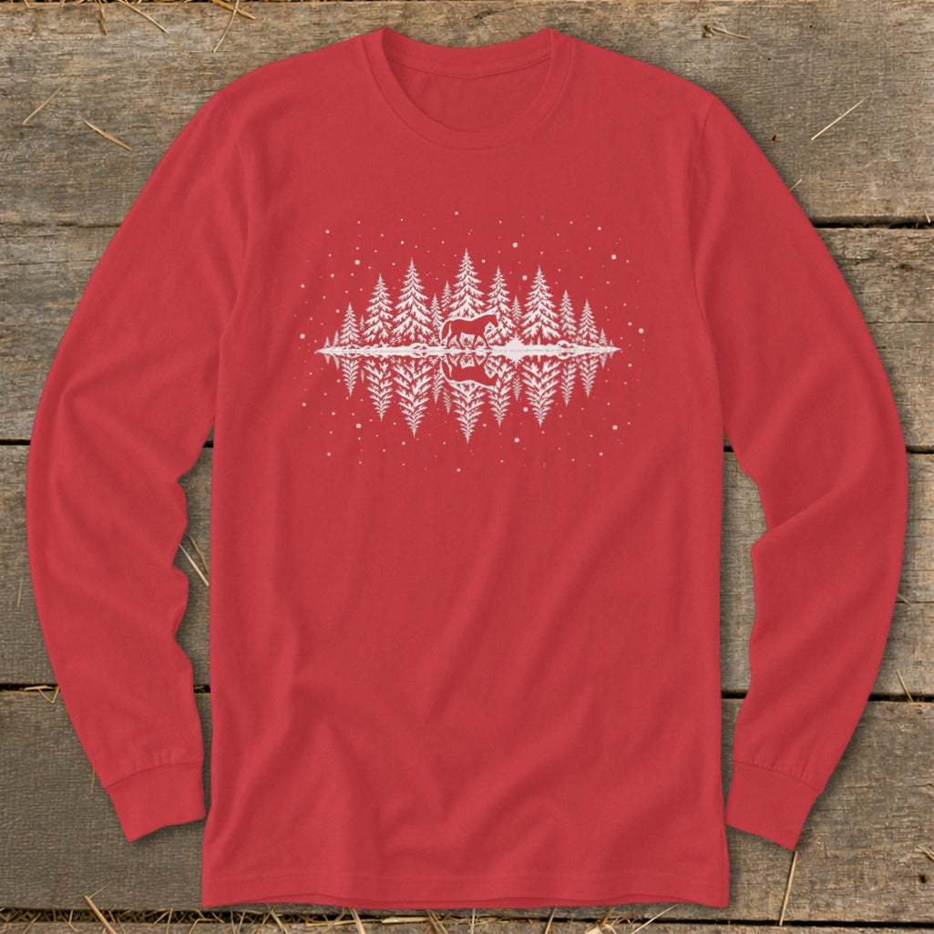 Red long sleeve shirt with white trees, deer, and snowflakes design.