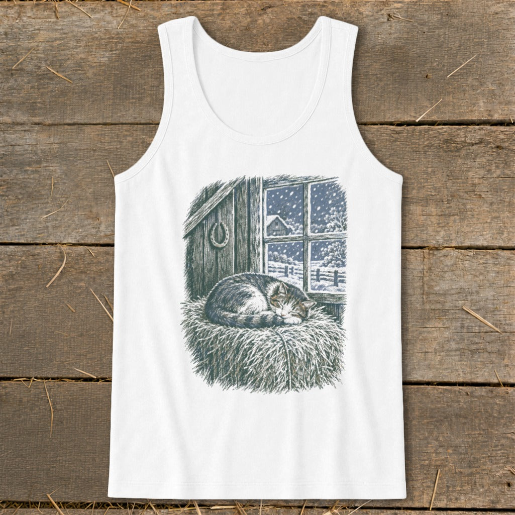 Cat sleeping on hay in front of a snowy window scene with a barn.