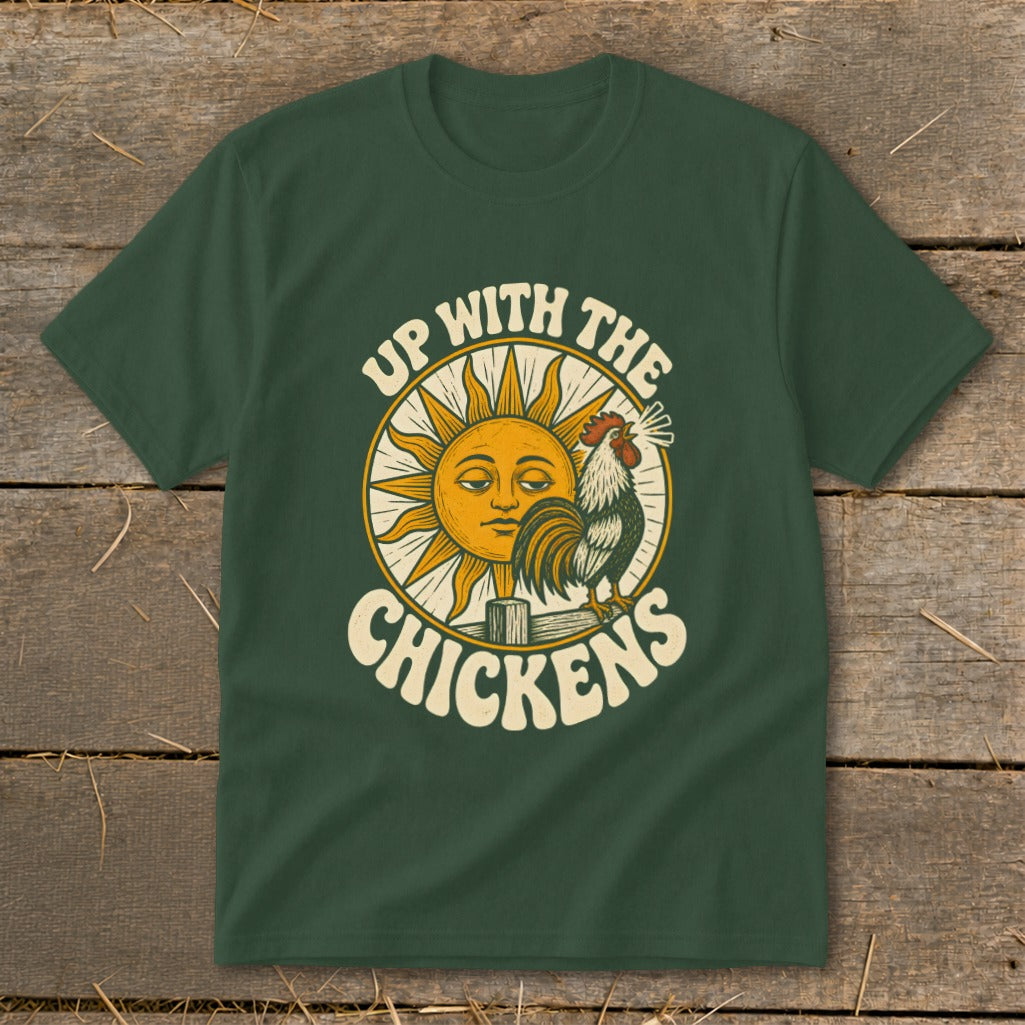 Dark green t-shirt with a vintage graphic of a rooster crowing before a smiling sun.