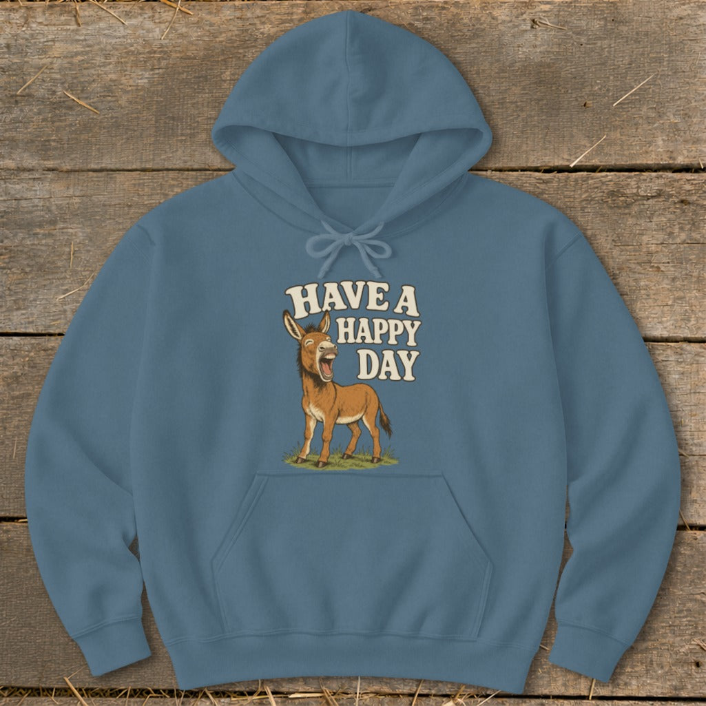 Blue hoodie with cartoon donkey and text "HAVE A HAPPY DAY"