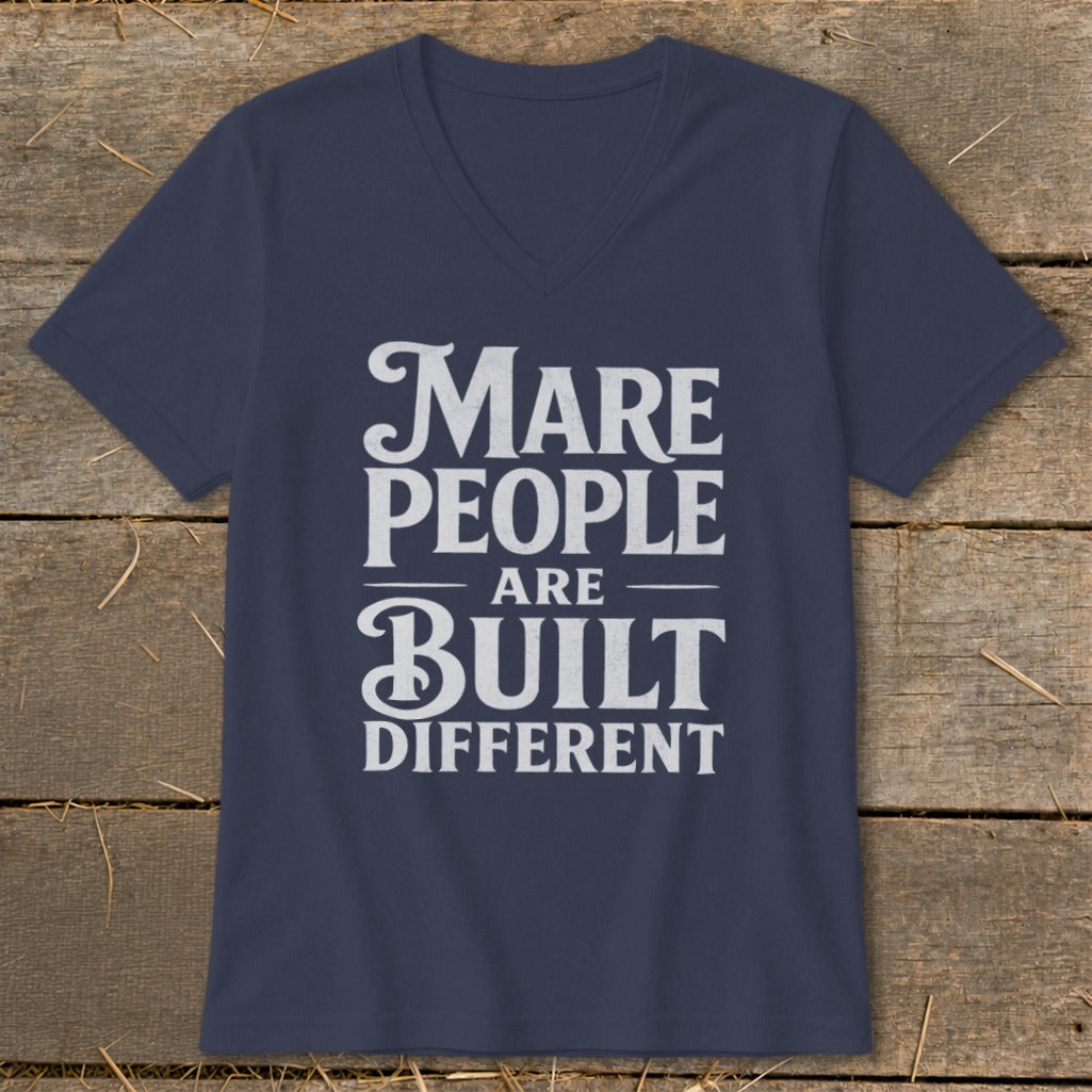 Navy t-shirt with "Mare People Are Built Different" text design.