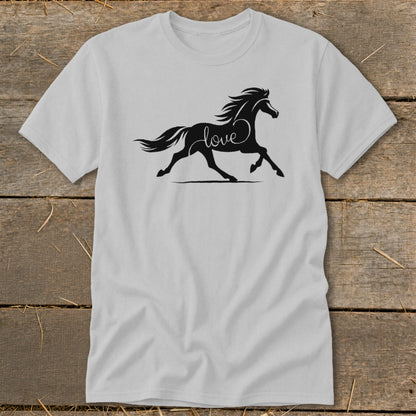 Light grey t-shirt with black silhouette of a running horse and the word "love".