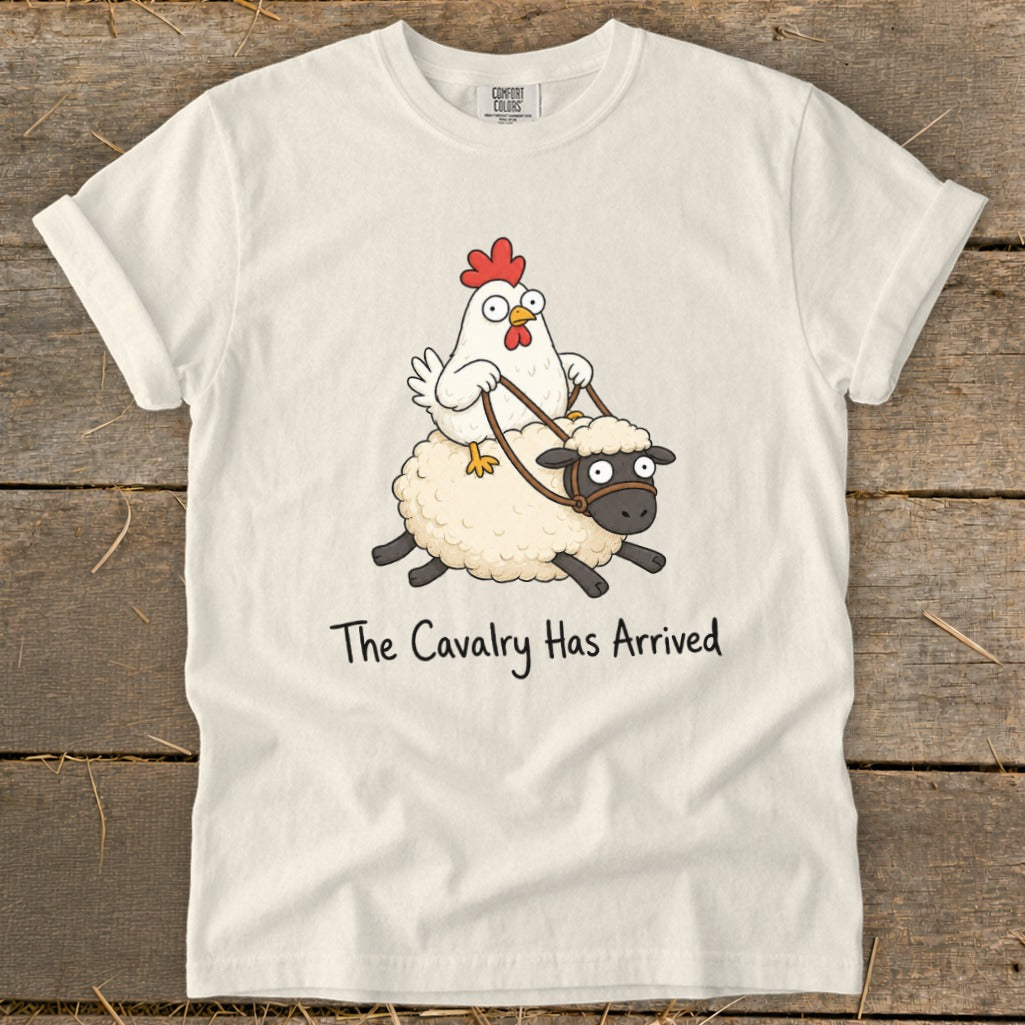 Cartoon chicken riding a fluffy sheep with text "The Cavalry Has Arrived".