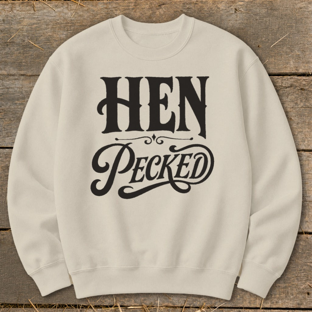 Cream crewneck sweatshirt with "HEN PECKED" text in black vintage lettering.