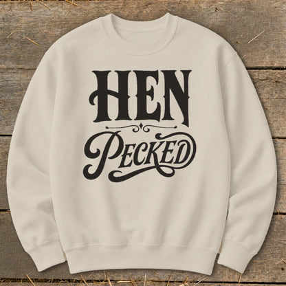 Cream crewneck sweatshirt with "HEN PECKED" text in black vintage lettering.