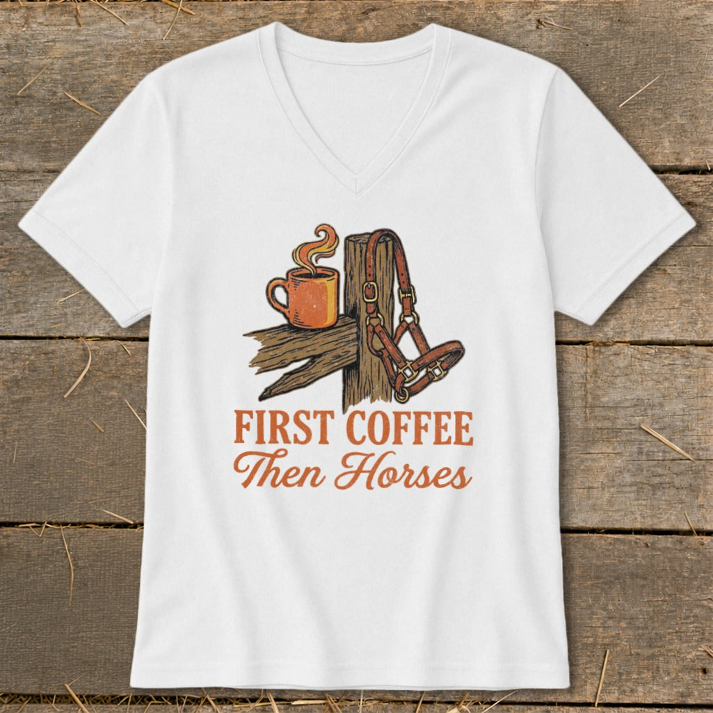 White t-shirt with "First Coffee Then Horses" text, coffee mug, and horse halter design.