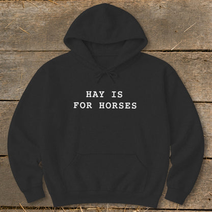 Black hoodie with white text "HAY IS FOR HORSES" centered.