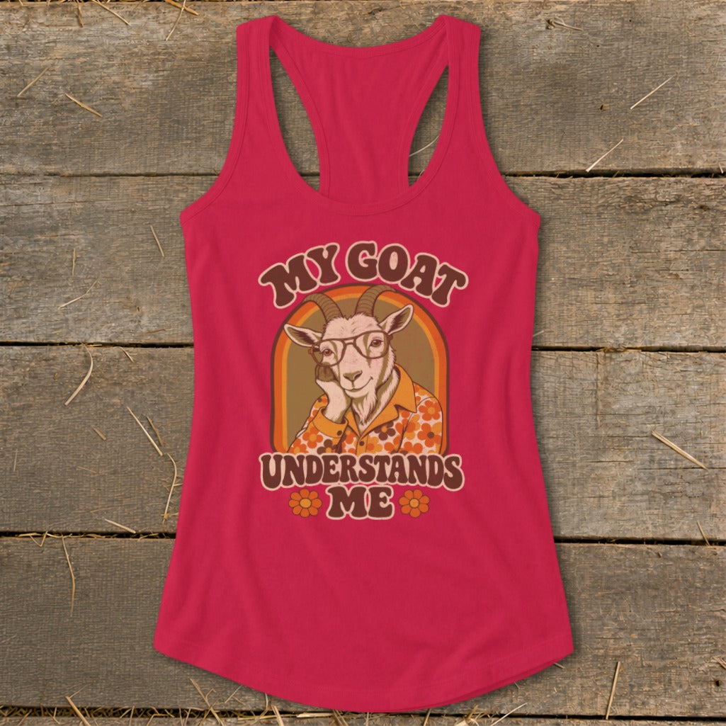 Pink tank top with a graphic of a goat wearing glasses and a floral shirt.