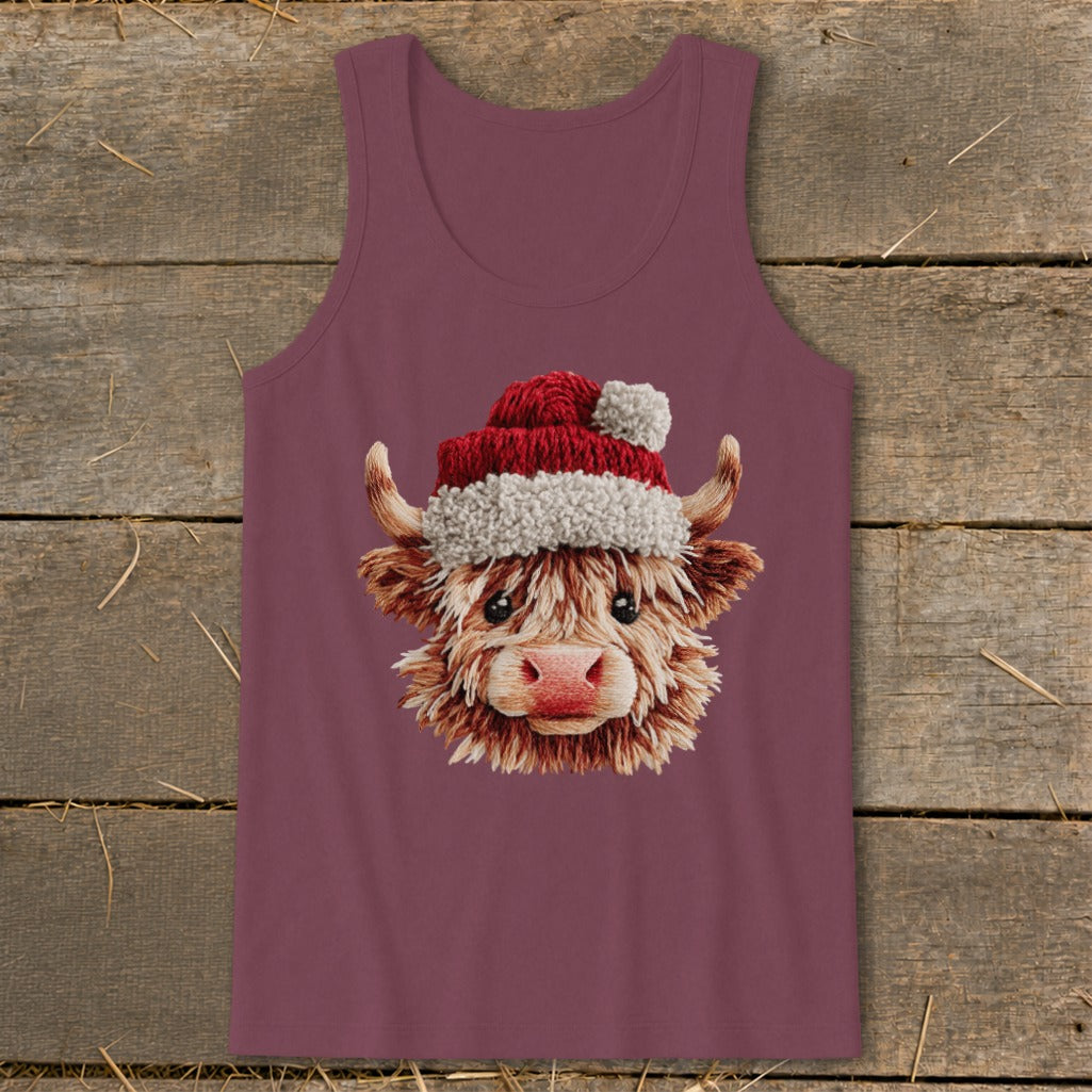 Burgundy tank top with a cartoon Highland cow wearing a Santa hat.