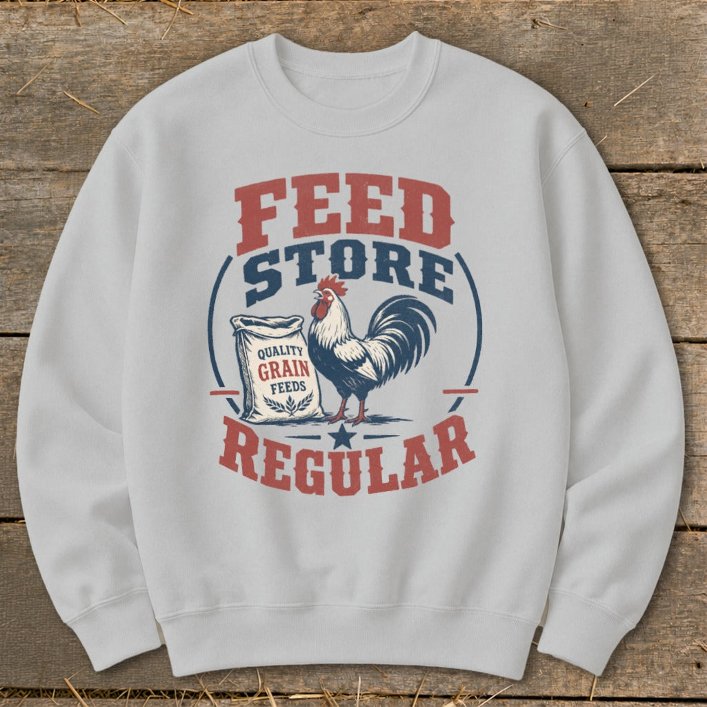 Light gray sweatshirt with "Feed Store Regular" text and rooster graphic.