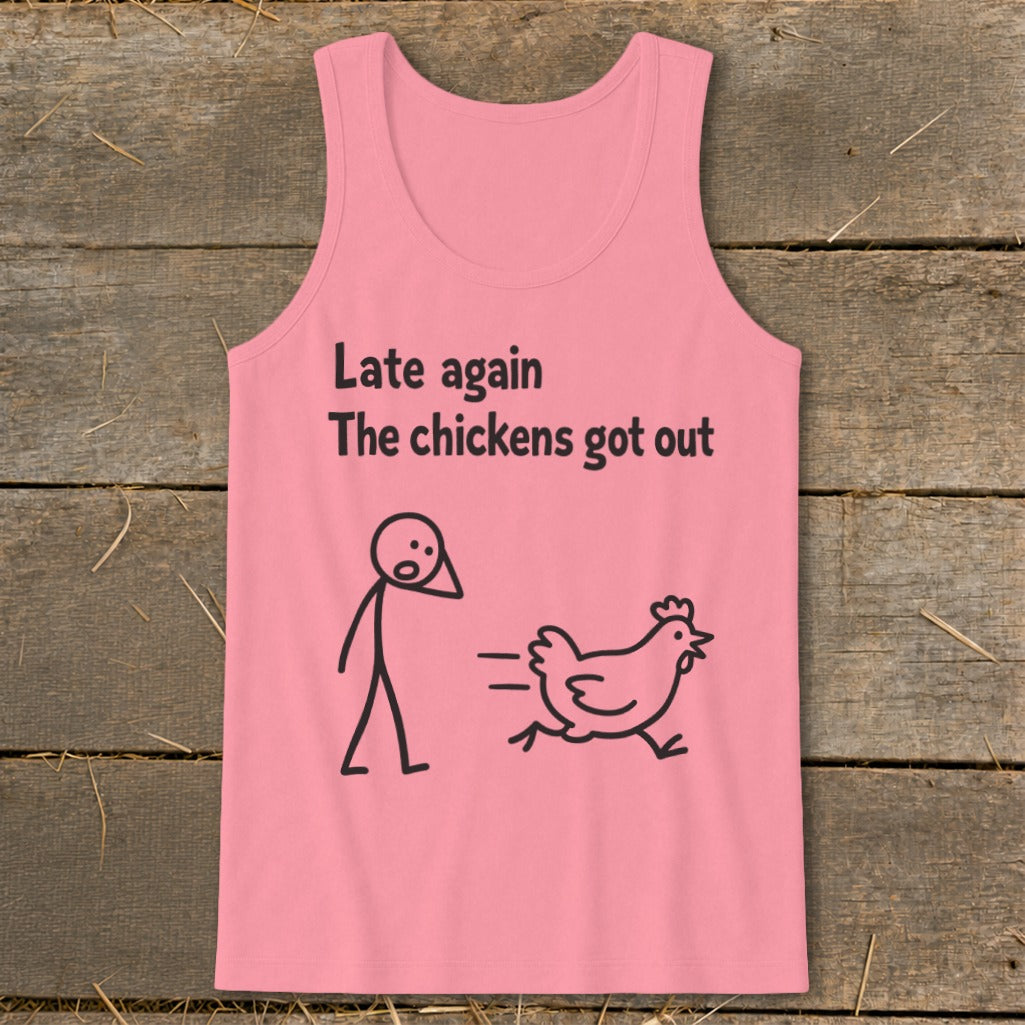 Pink tank top with text and cartoon of person and chicken.