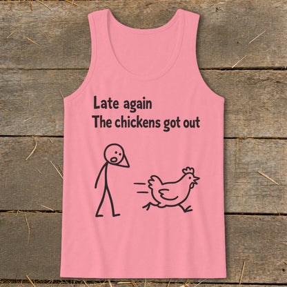 Pink tank top with text and cartoon of person and chicken.