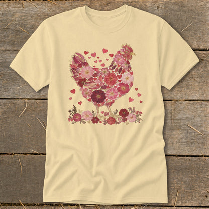T-shirt with a chicken design made of pink flowers and red hearts.