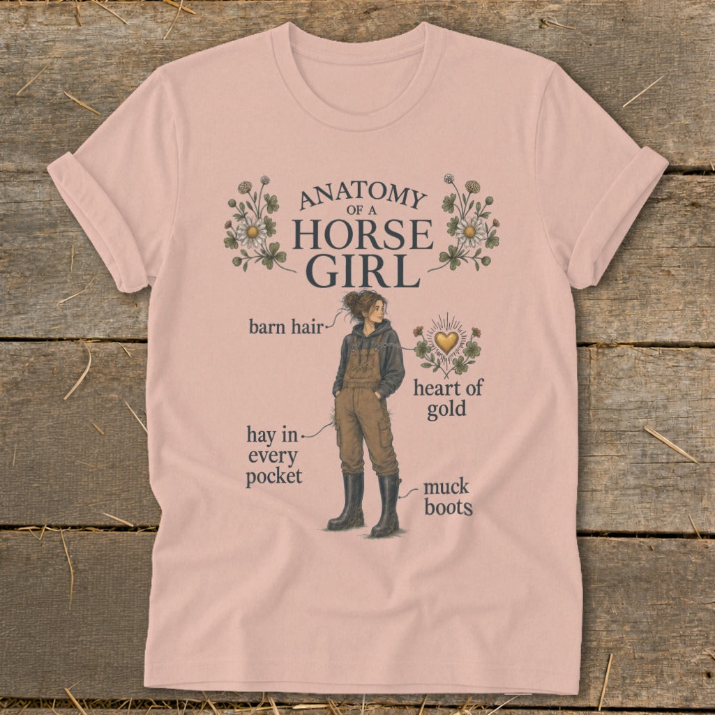 Anatomy of a Horse Girl graphic with text labels on a pink t-shirt.
