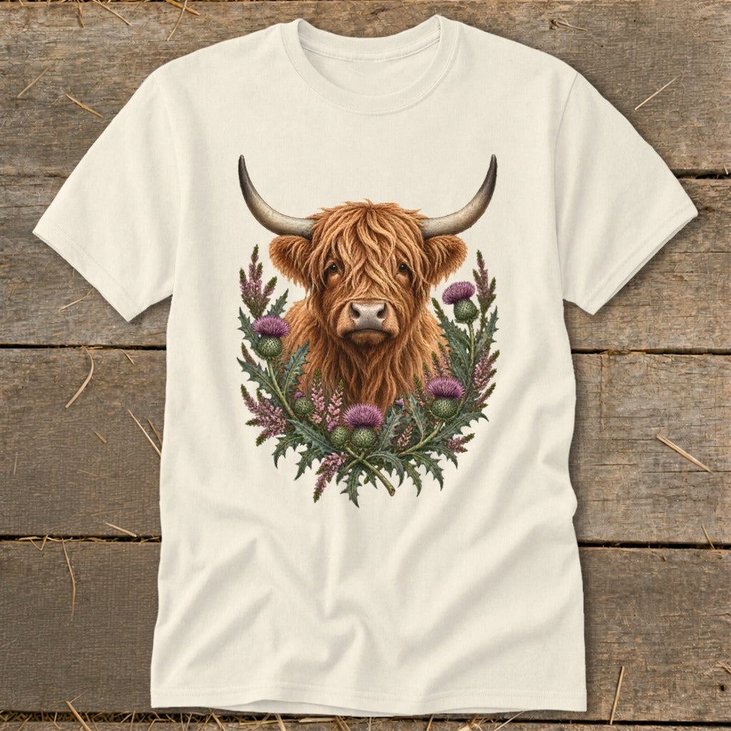 Cream t-shirt featuring a Highland cow head surrounded by thistles and purple flowers.