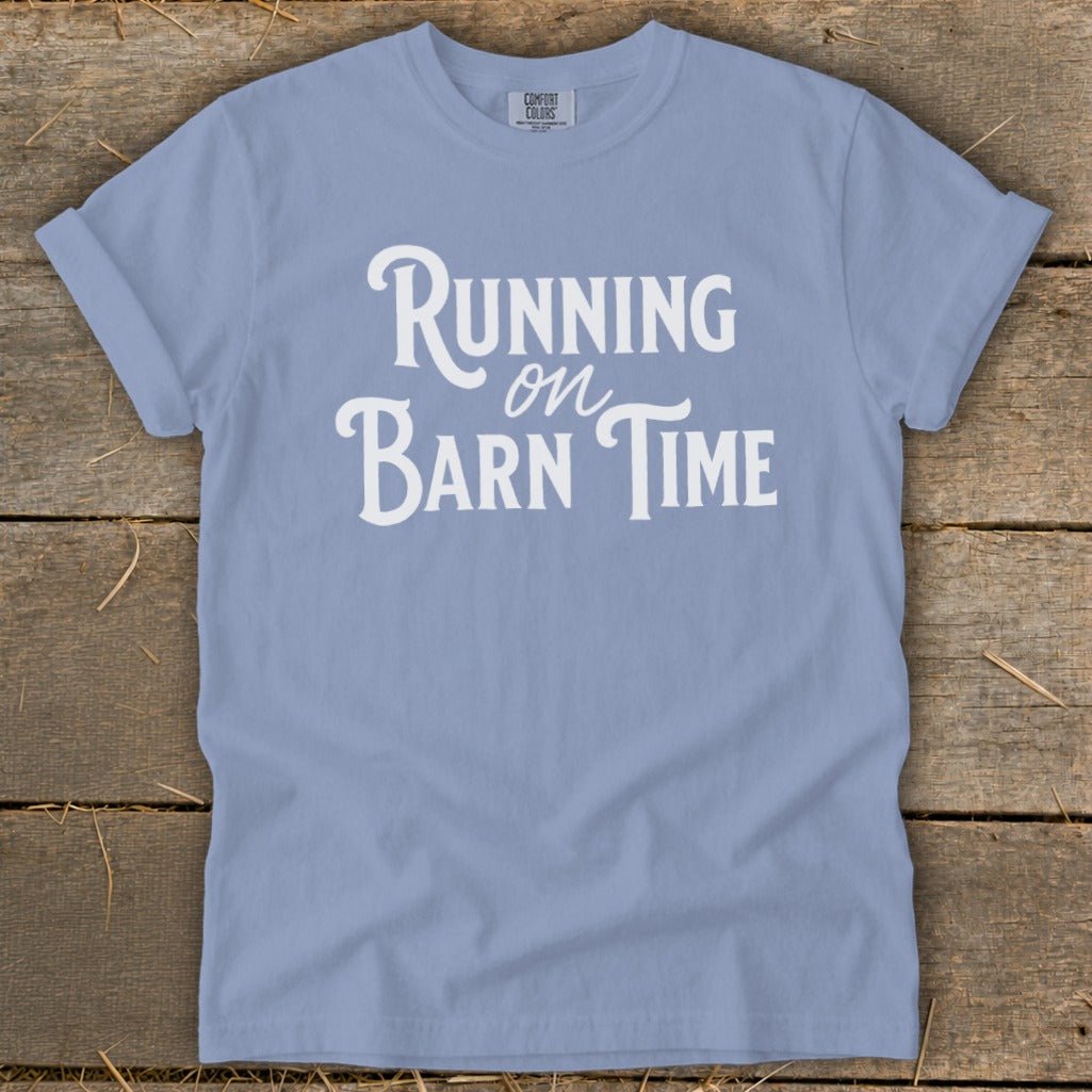 Periwinkle t-shirt with "Running on Barn Time" white text.